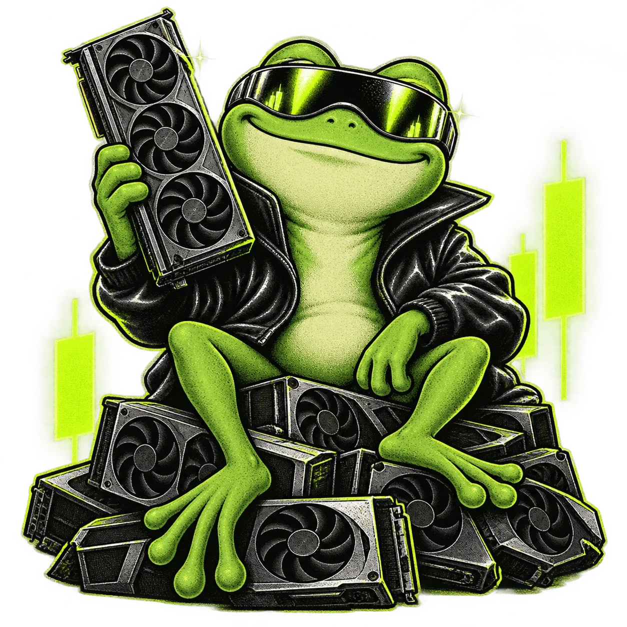 A very smug green frog in a leather jacket, holding a GPU like a trophy